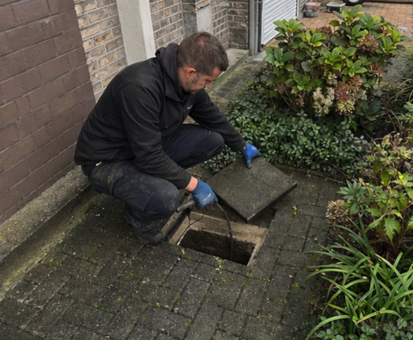 Technicus opent een inspectieput in de tuin om een terugslagklep te plaatsen
