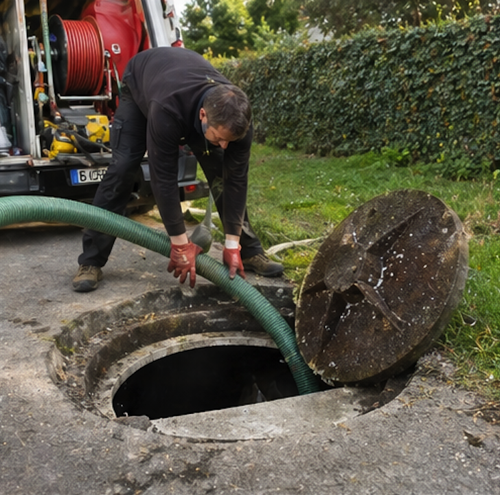 Technicus van Ontstopping.be zuigt een vetput leeg met een groene zuigslang in Vlaanderen
