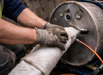 Pipe relining in uitvoering: nieuwe kous door leiding in Beringen